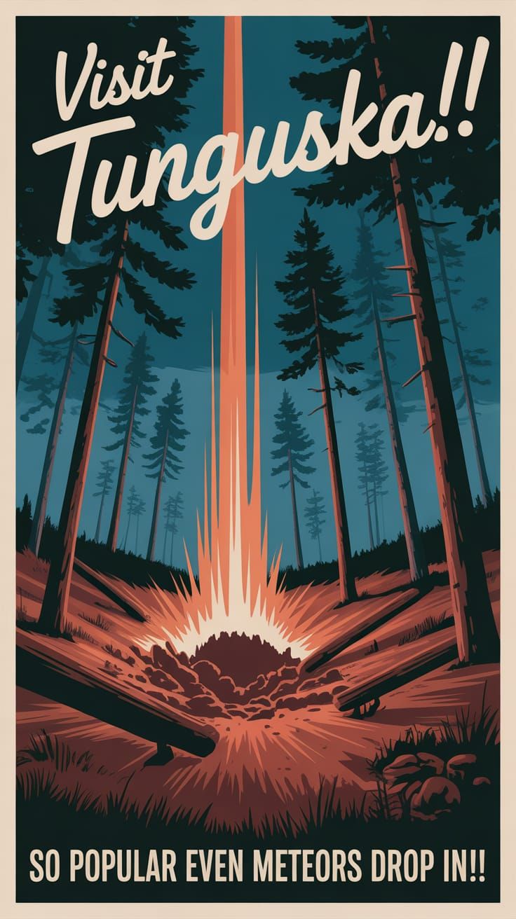 A 1960’s style Travel Poster advertising the 1908 Tunguska Meteor Impact site.