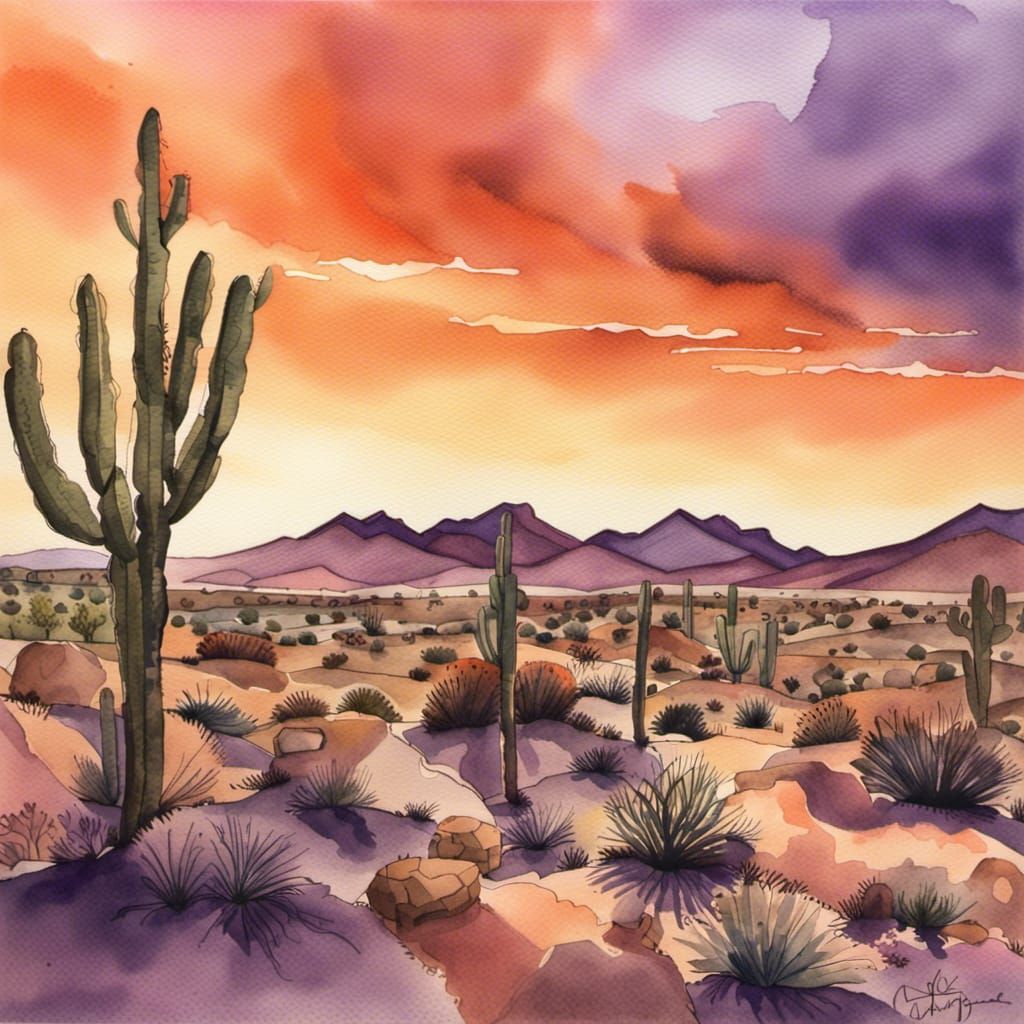 Watercolor Desert Sunset with Oranges and Purples