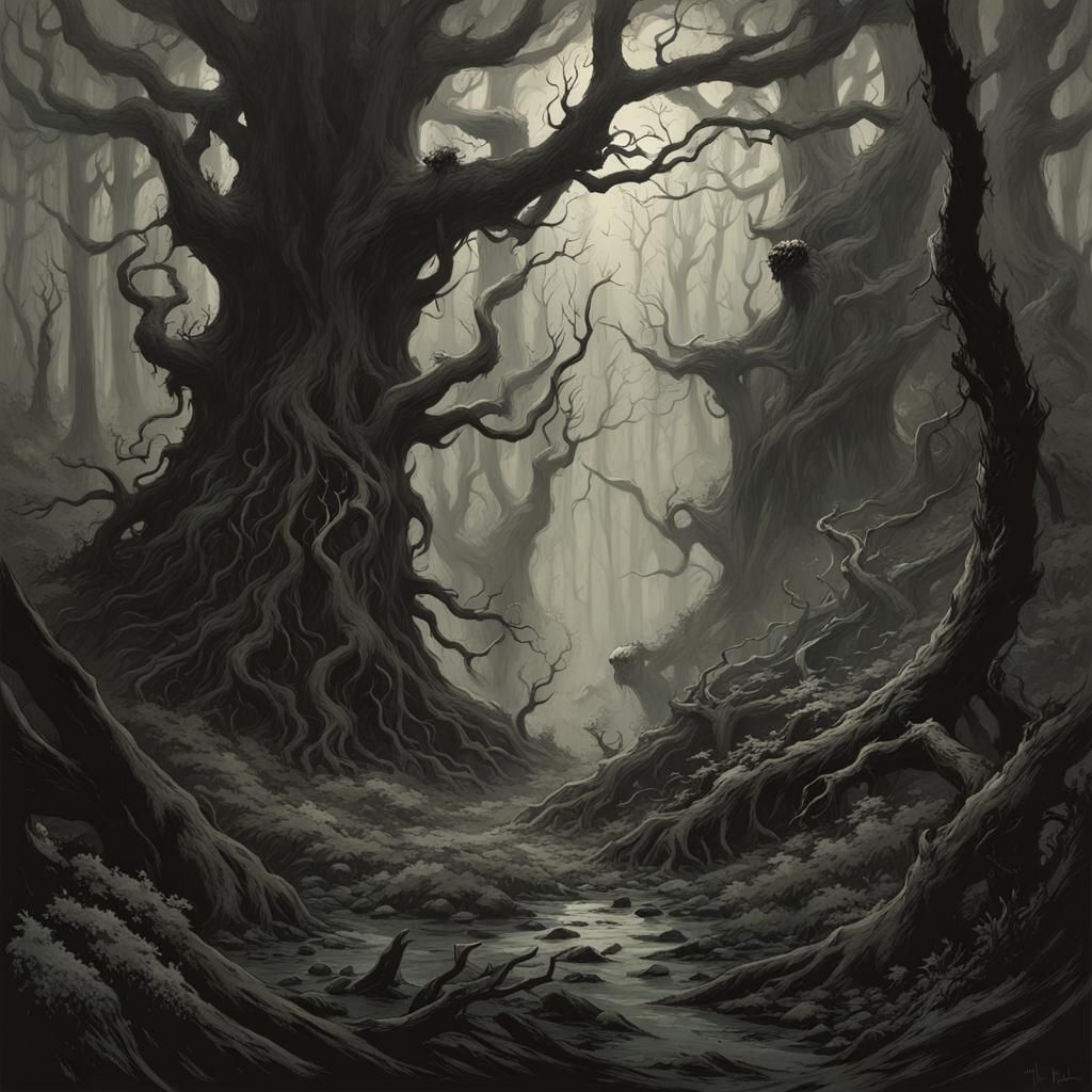 Eldritch Forest Horror in Gothic Illustration Style