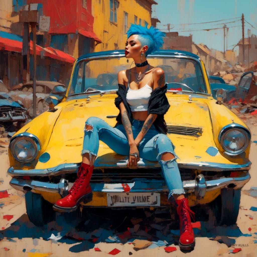 Punk Girl on Vintage Car as Impasto Illustration