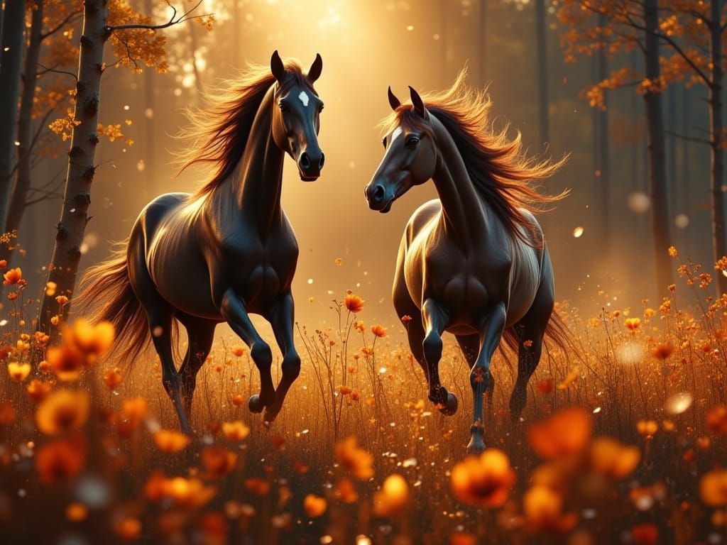 Horses Amidst Glowing Autumn Flowers in Misty Forest