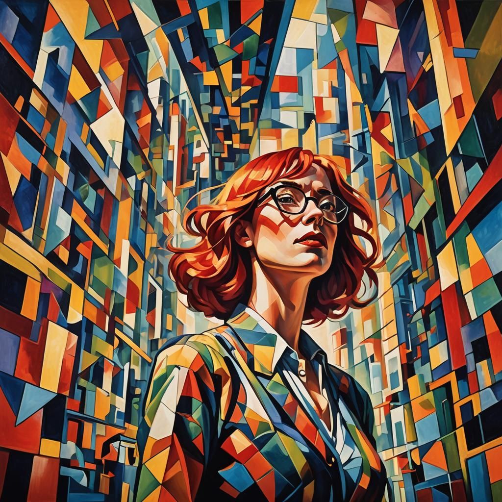 Cubist Woman with Red Hair in Shadow