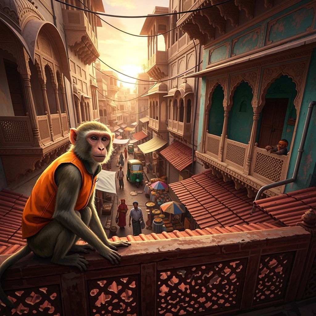 Monkey Explorer on Indian Rooftops, Digital Art