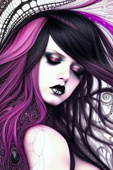 Detailed Goth Woman in Rain, Digital Art