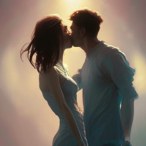 Passionate Kiss Portrait in Art Nouveau Style