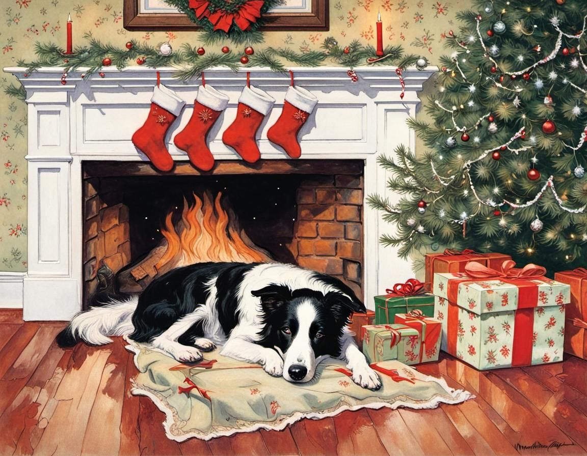 Border Collies Dreaming of Christmas: Rockwell Style