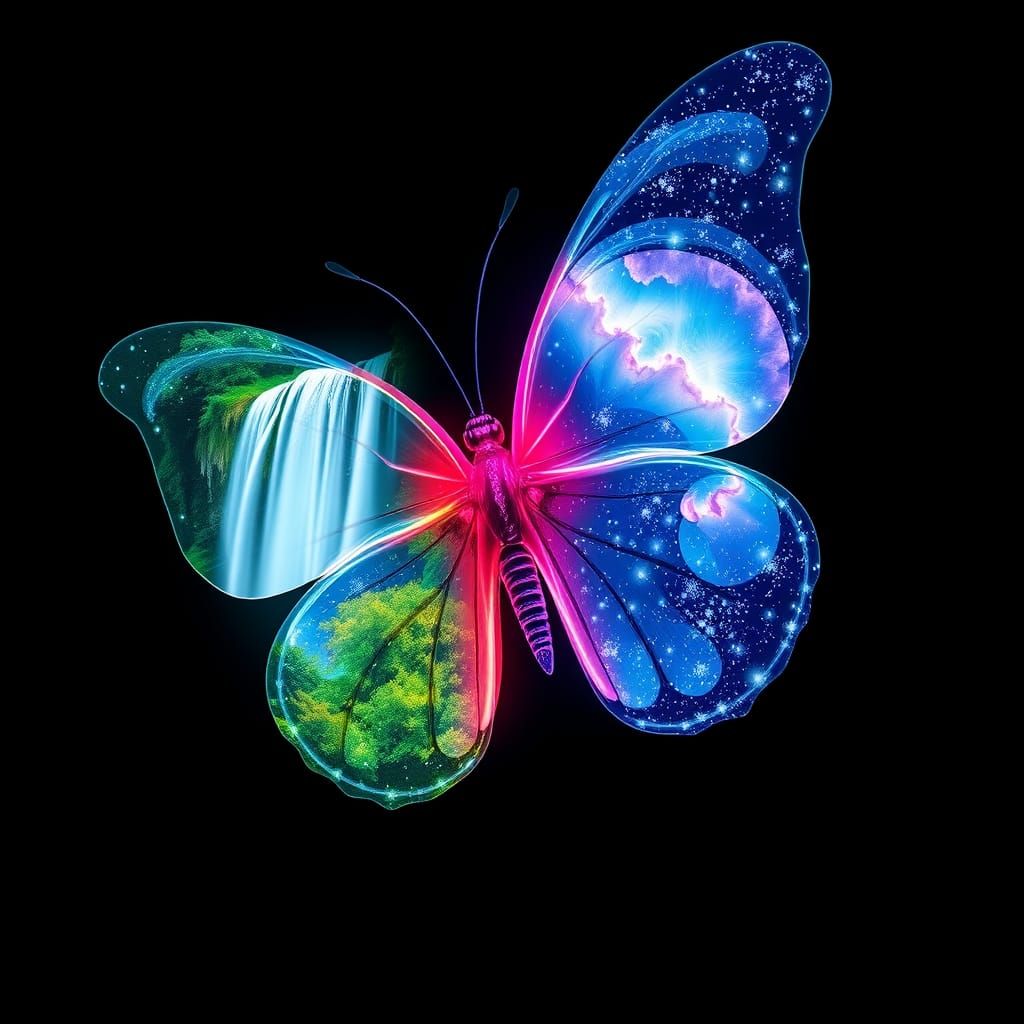 Ethereal Butterfly with Waterfall and Galaxy Wings