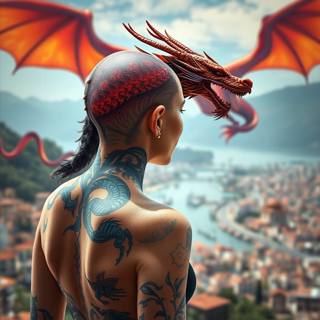 modern woman with big dragon tattoo on a smooth, clear bald ...