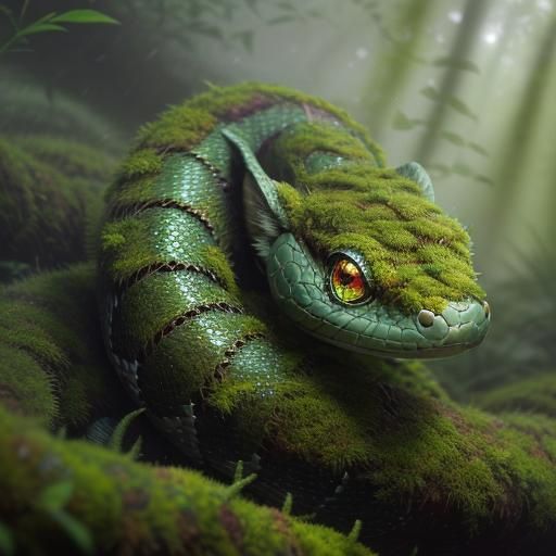 Cute Moss Snake with Fuzzy Green Scales
