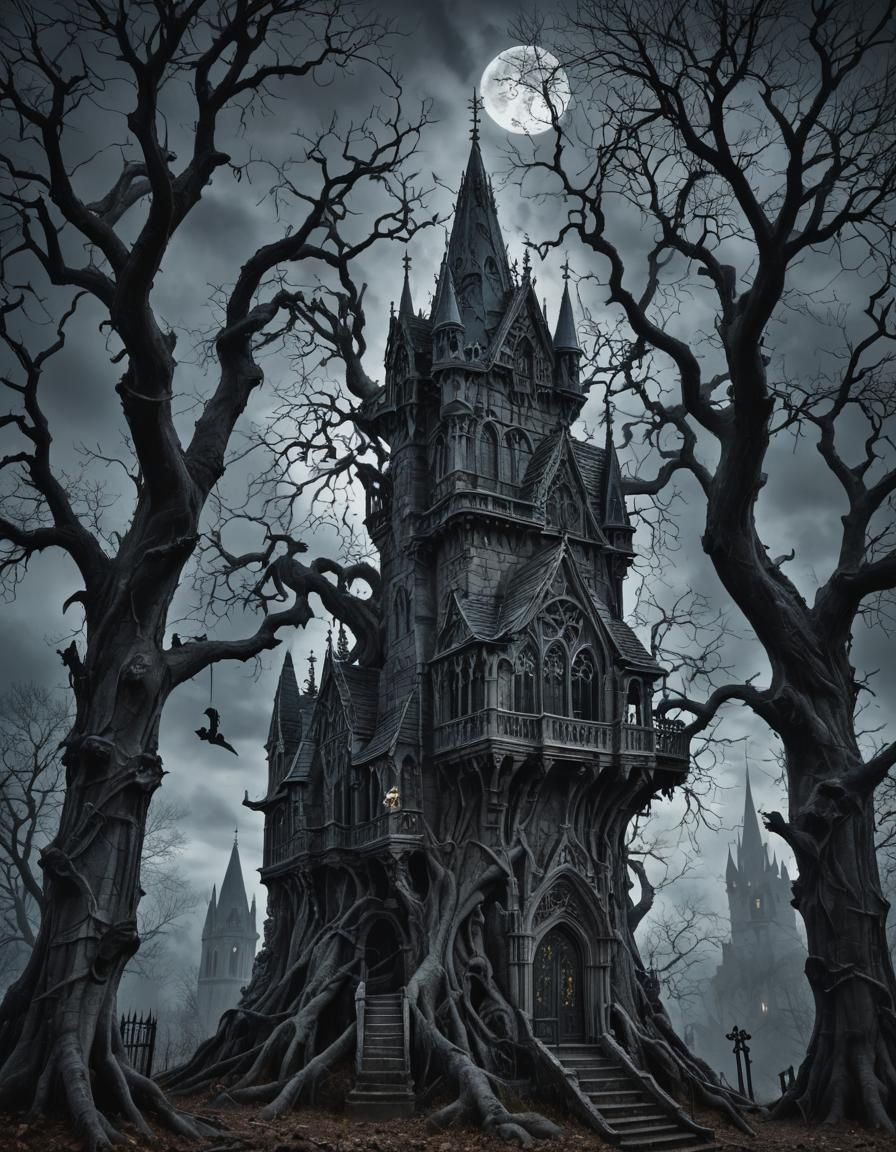 Eerie Graveyard Treehouse in Gothic Photoillustration