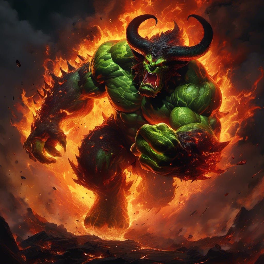 Ominous Horned Monster in Flaming Inferno