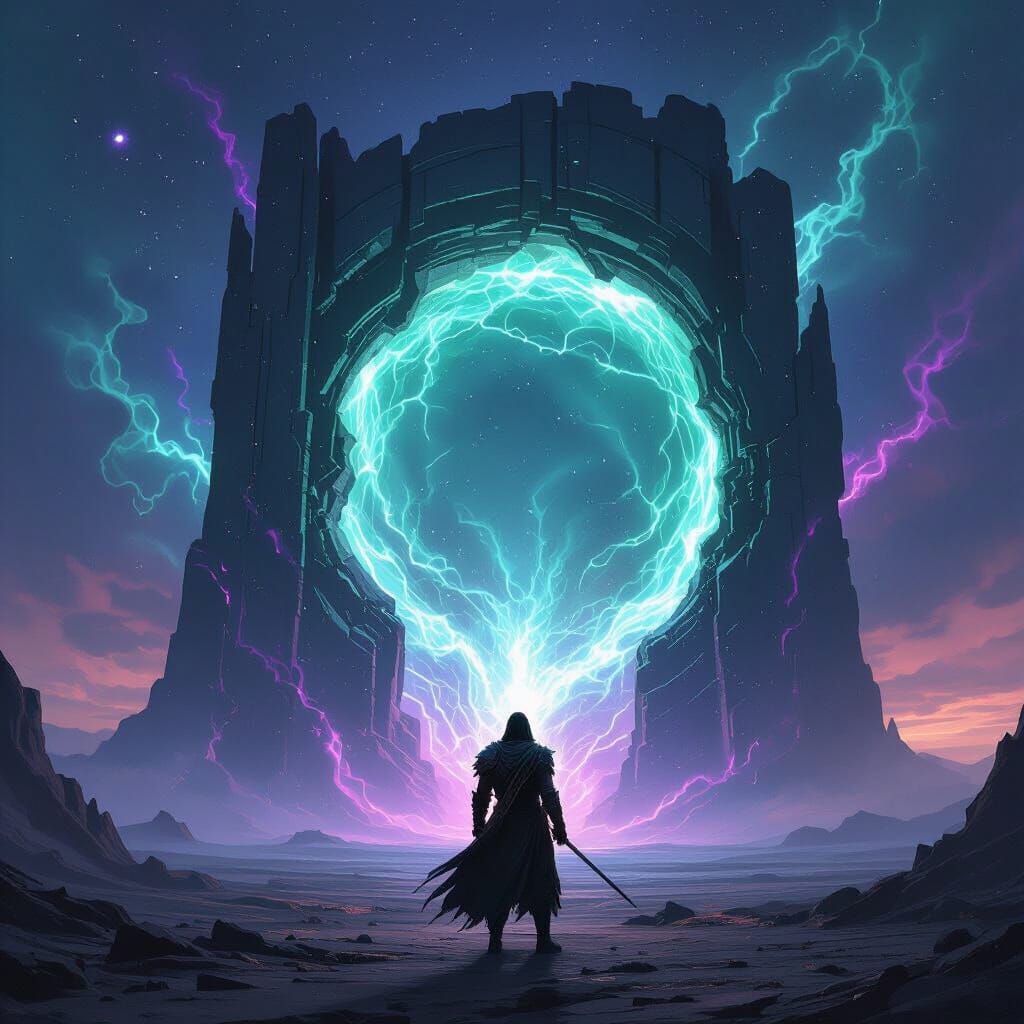 Warrior Facing Cosmic Portal in Digital Matte Painting Style