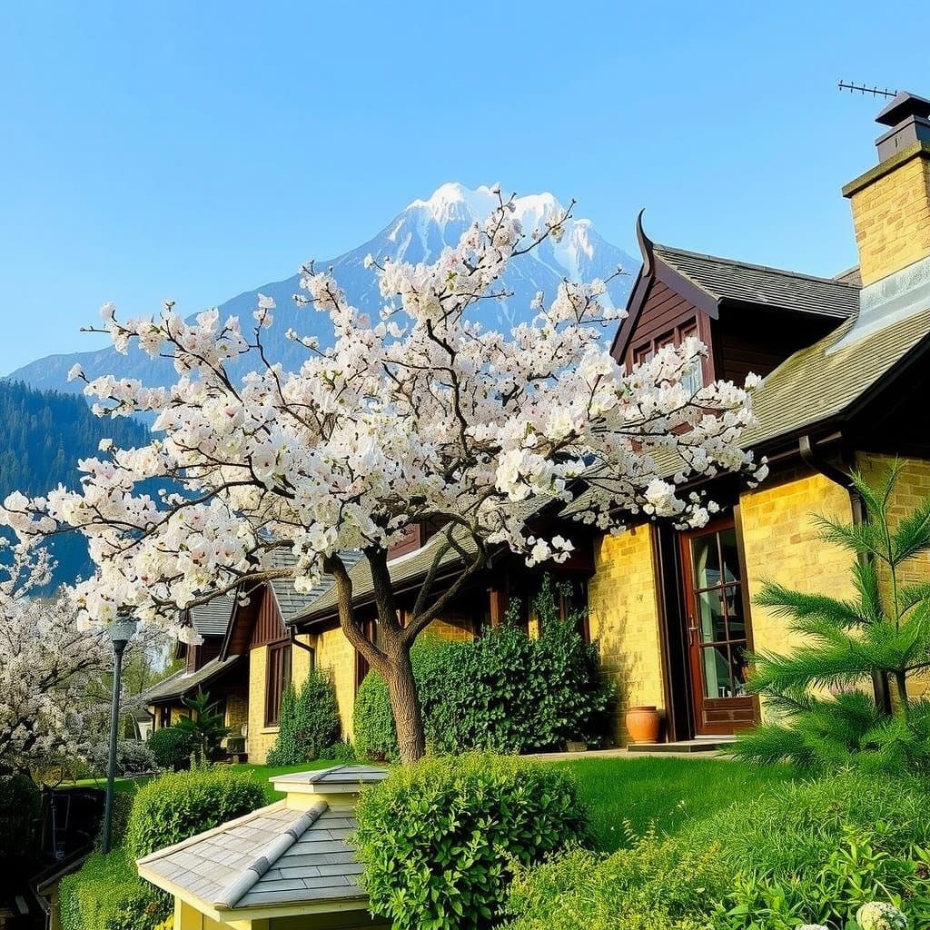 Surreal Cherry Blossom Scene with Majestic Mountain and Clou...