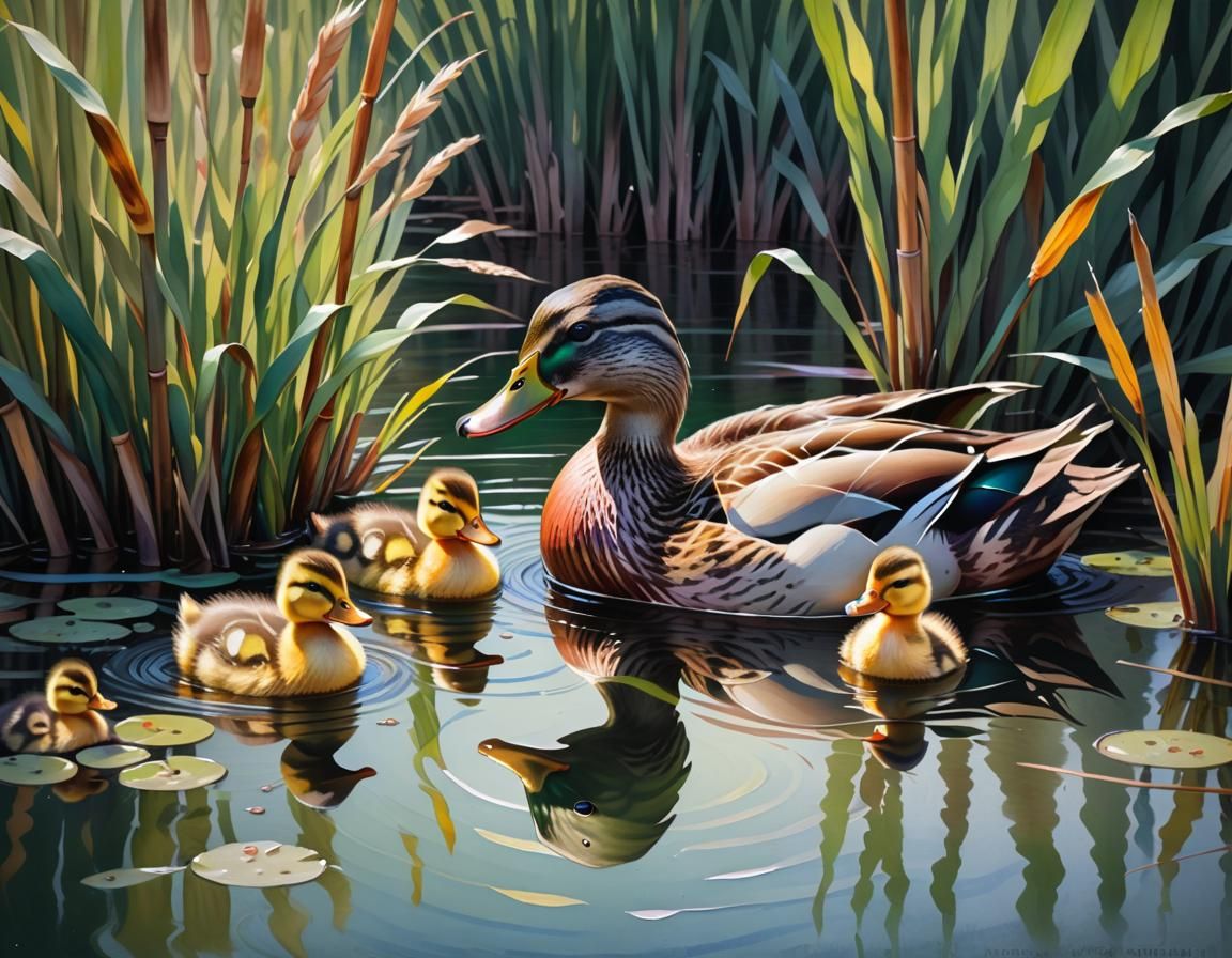Duck and Ducklings in Pond: Gouache Watercolor