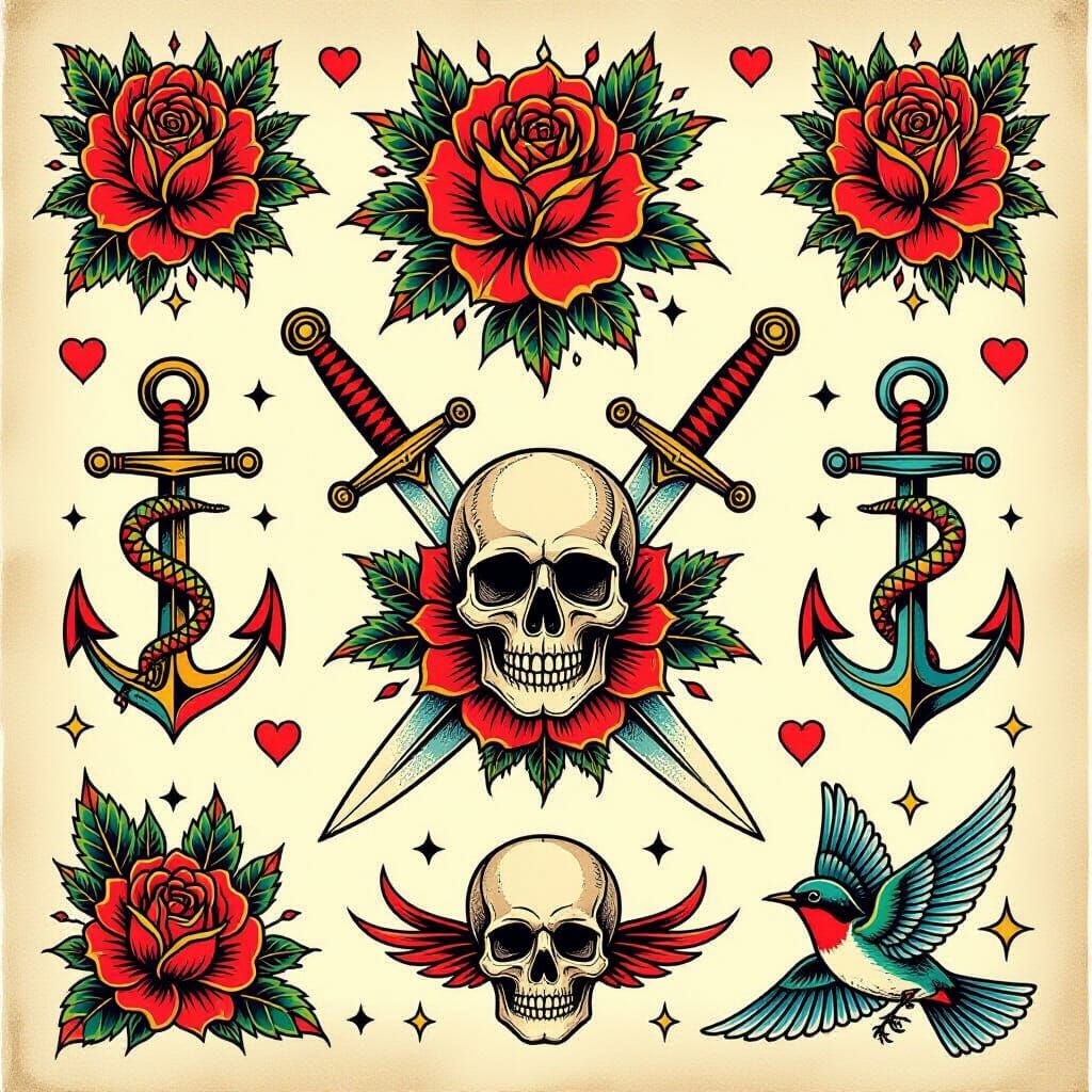 Traditional Flash Tattoo Sheet with Bold Designs