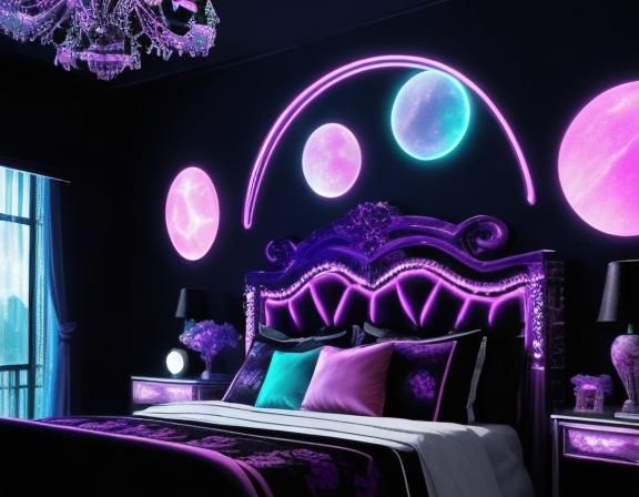 Cosmic lunar Gothic bedroom with pink neon lights and Blue n...