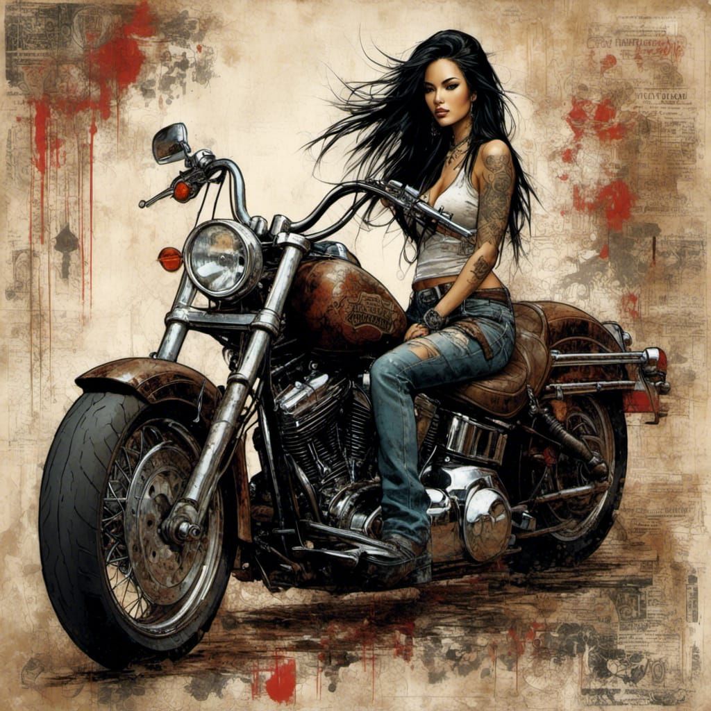 Biker Girl on Harley-Davidson in Grunge Poster Style