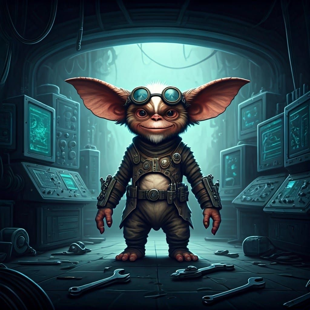 Gremlin's Mischief in Futuristic Lab, Painterly Illustration