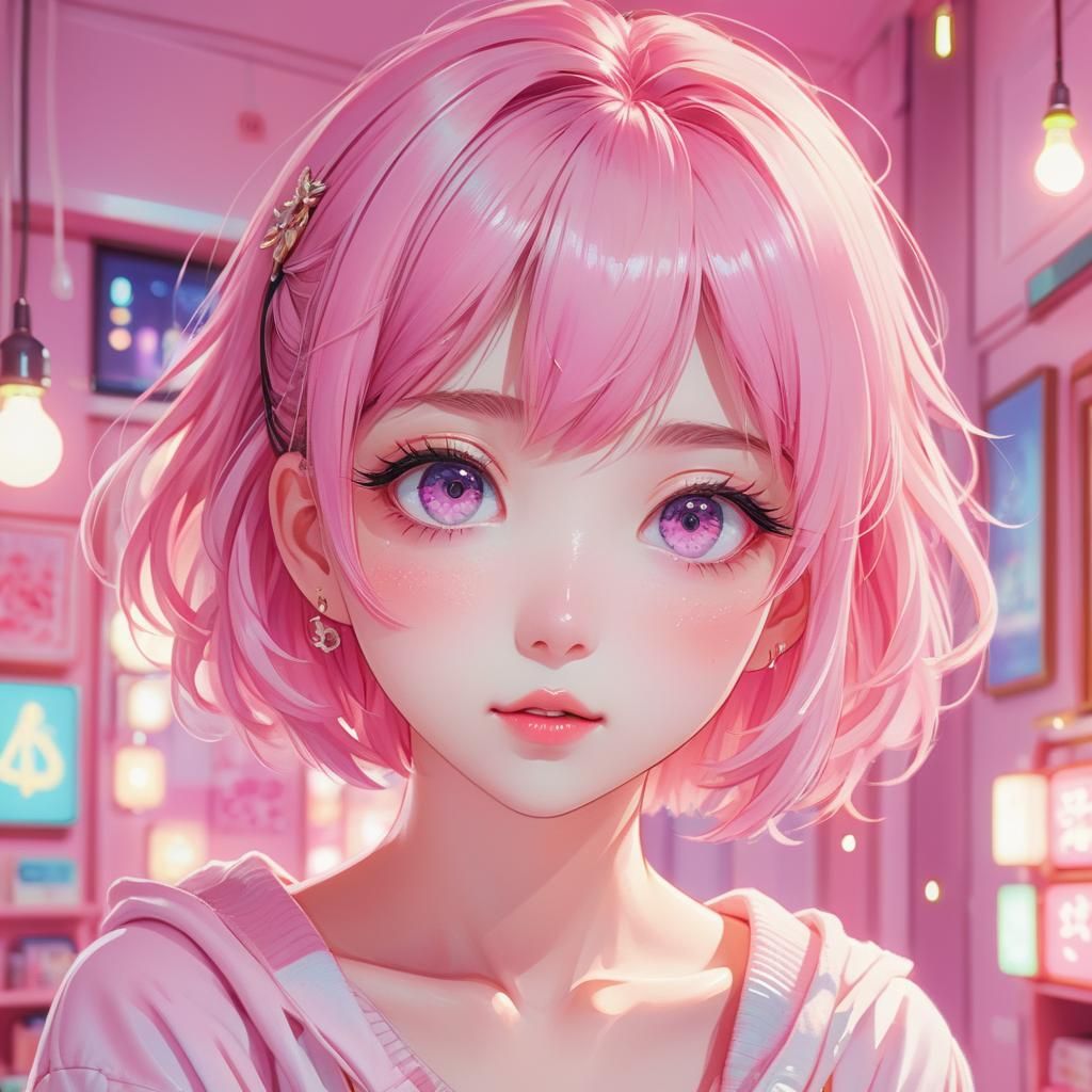 Anime Girl Portrait in Pink Neon Room