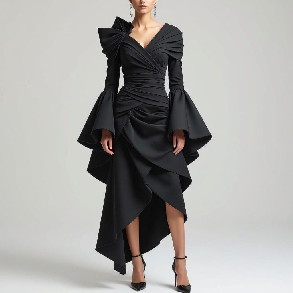 Avant-Garde Fashion: Asymmetrical Dress with Bell Sleeves