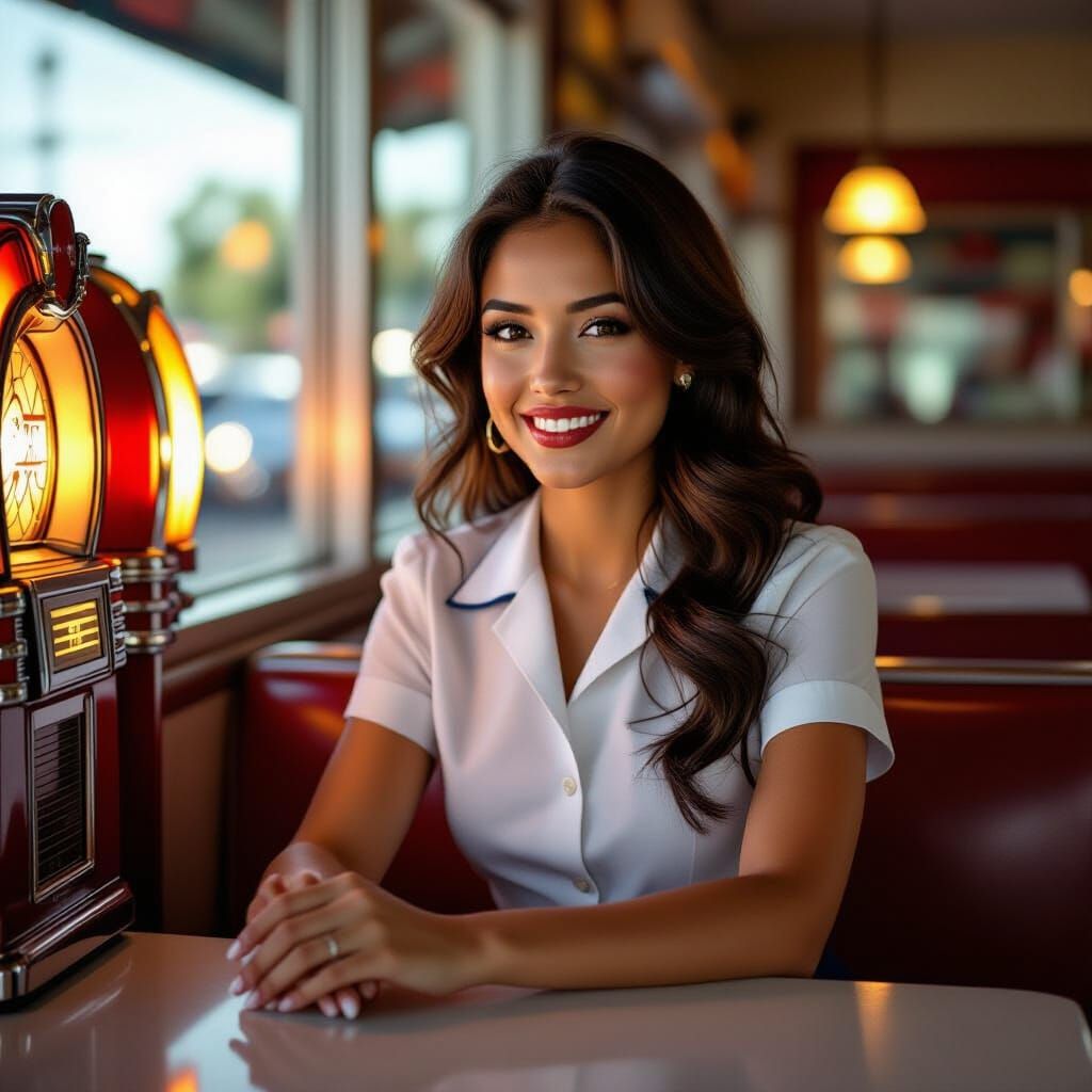 Latina Woman in Diner, Golden Hour Glow
