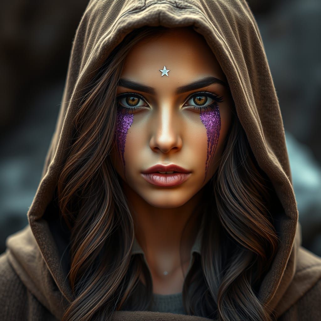 Chilean Woman in Hooded Cloak with Purple Glitter