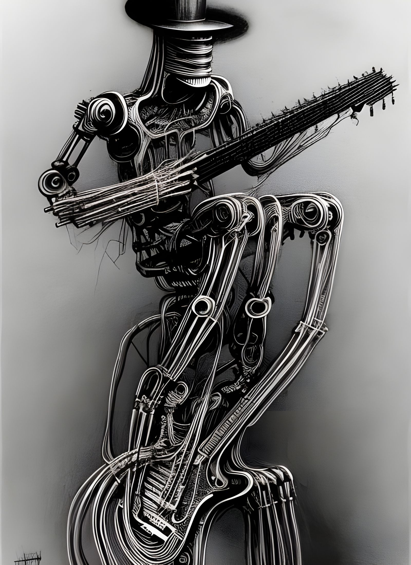 Steampunk Cyborg Guitarist in Dystopian Sketch