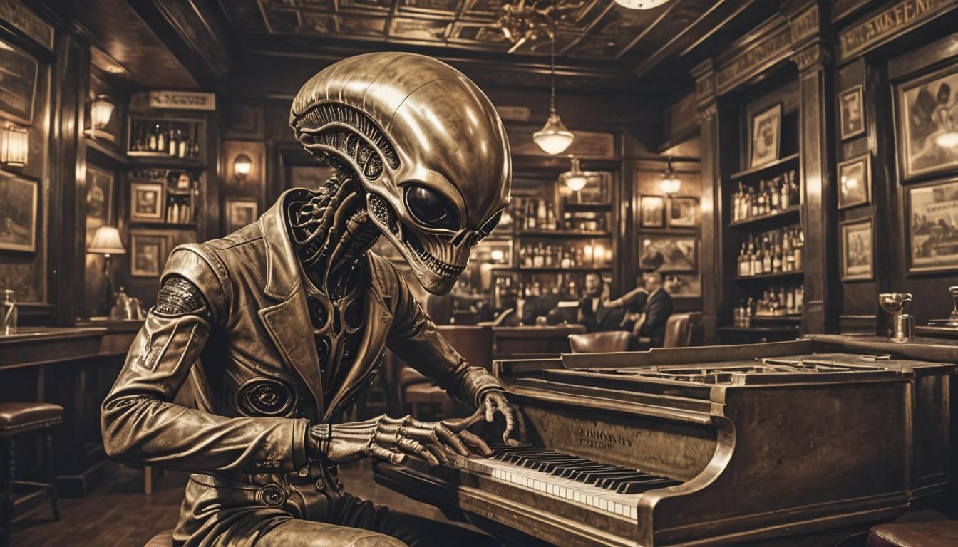 alien playing keys of steinway square grand in 1920s cigar b...