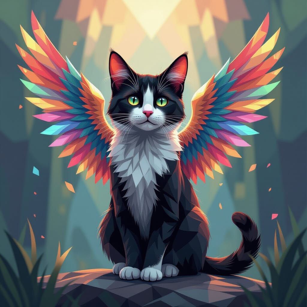 Winged Cat in Cubist Art Deco Style