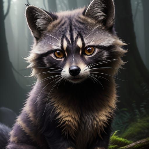 Cat-Raccoon Hybrid in Misty Forest: Digital Concept Art
