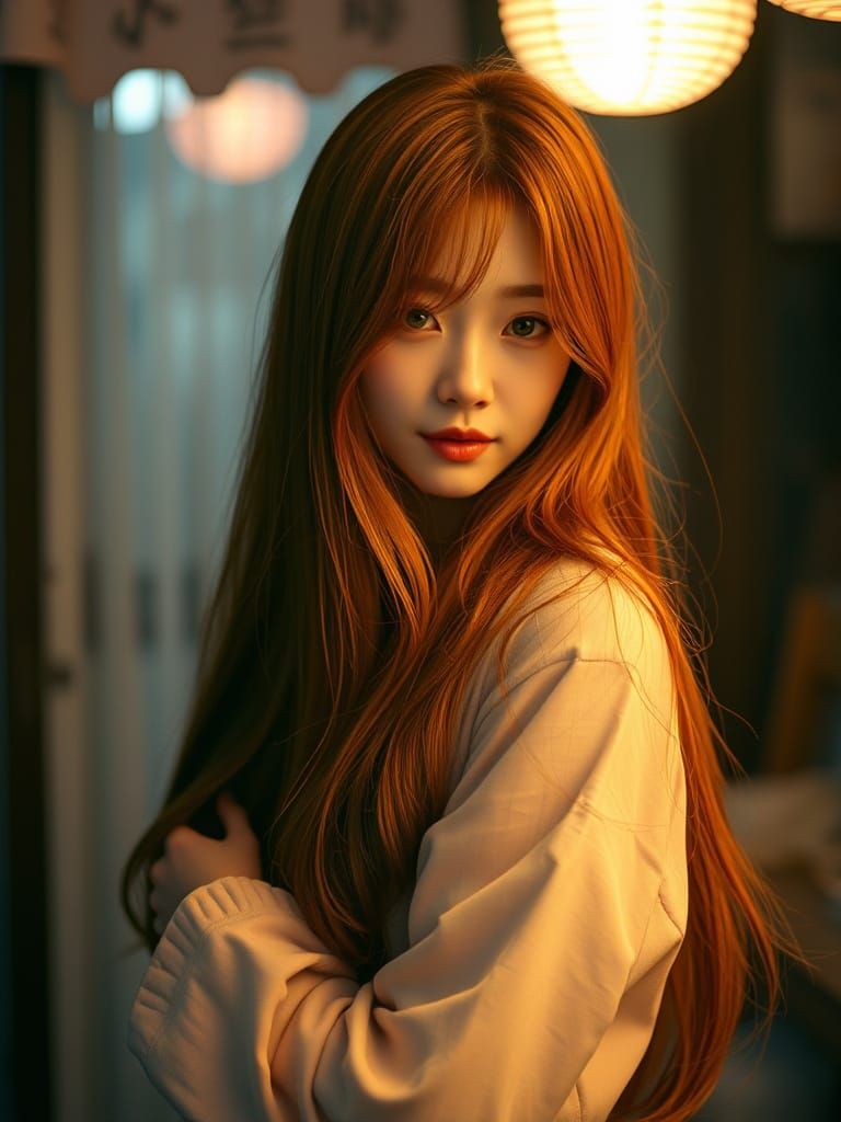 Petite Japanese Woman with Long Red Hair