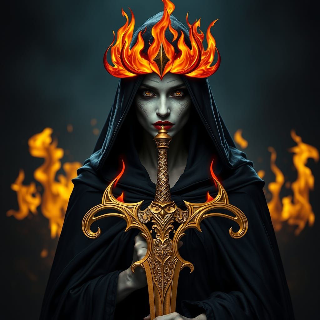 Dark Female Figure in Fiery Flames and Golden Armor