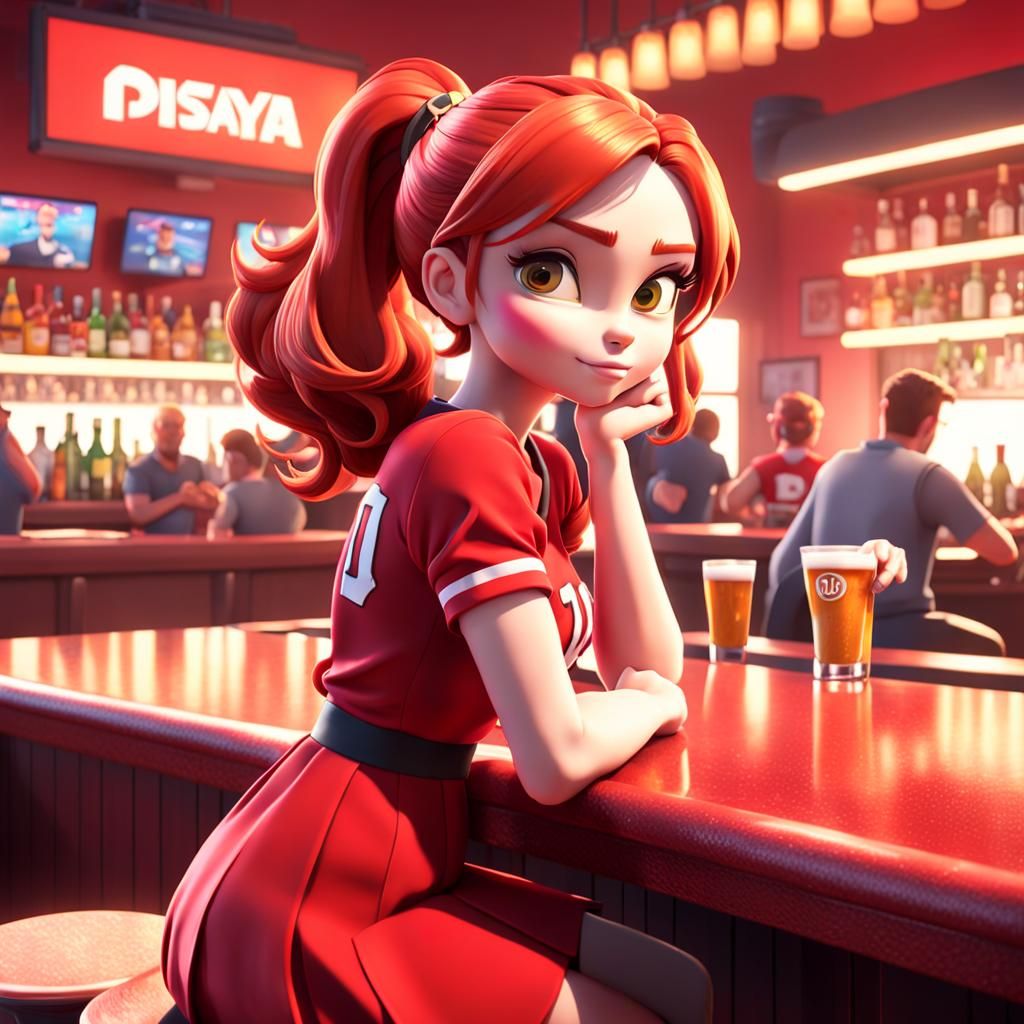 Red-Haired Woman Watching Game: Pixar-Style 3D Art