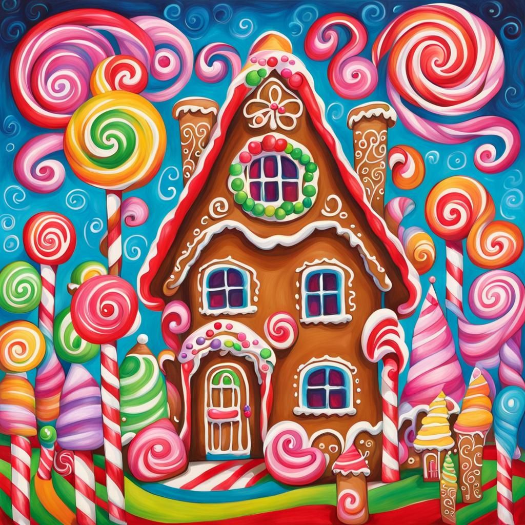 Vibrant Gingerbread House in Candyland Gouache