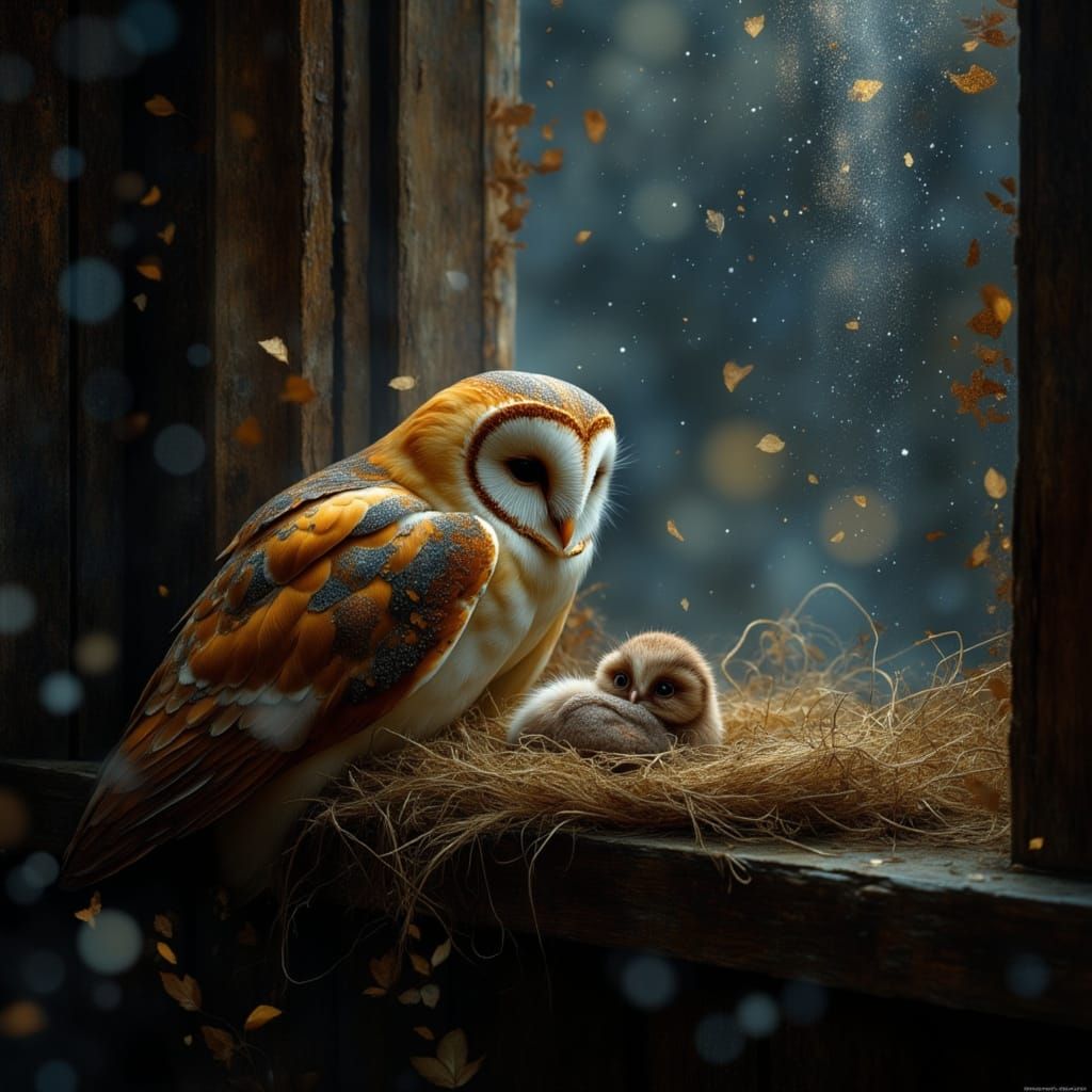 Barn Owl Family in Moonlight, Hyperrealistic Digital Paintin...