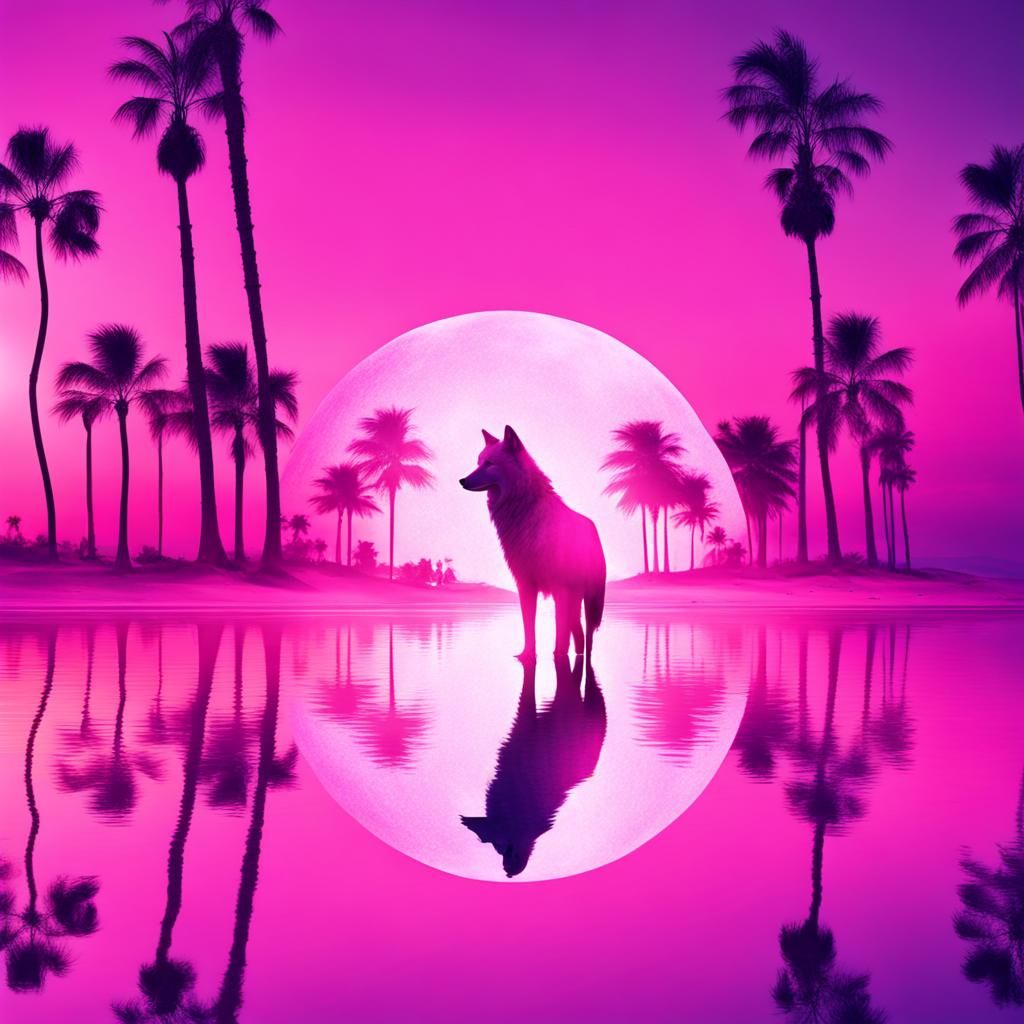 Iridescent Wolf Double Exposure on Tropical Beach