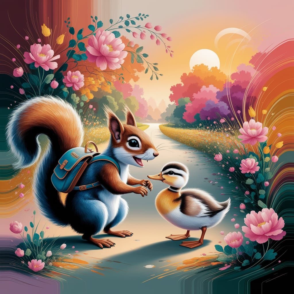 Squirrel and Duckling's Abstract Floral Adventure