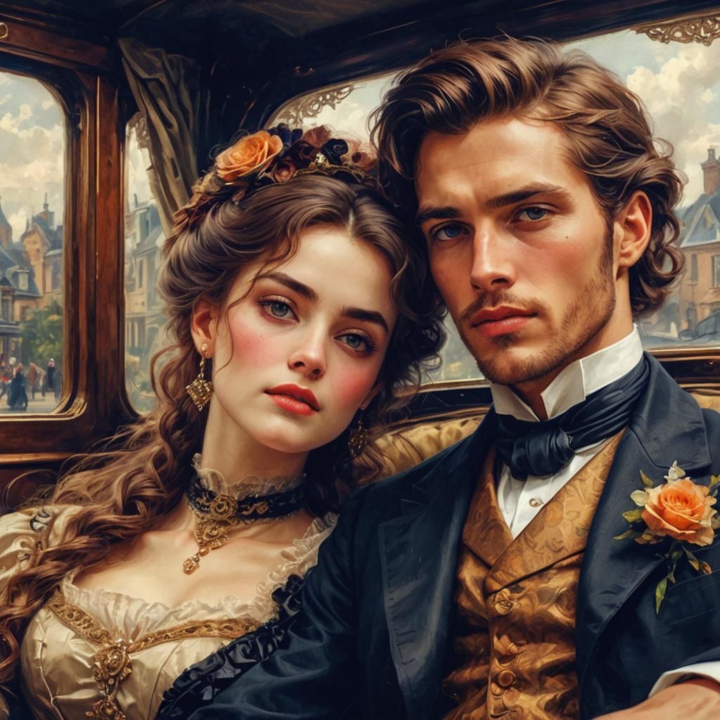 Victorian Couple in Carriage: Pre-1912 Oil Painting