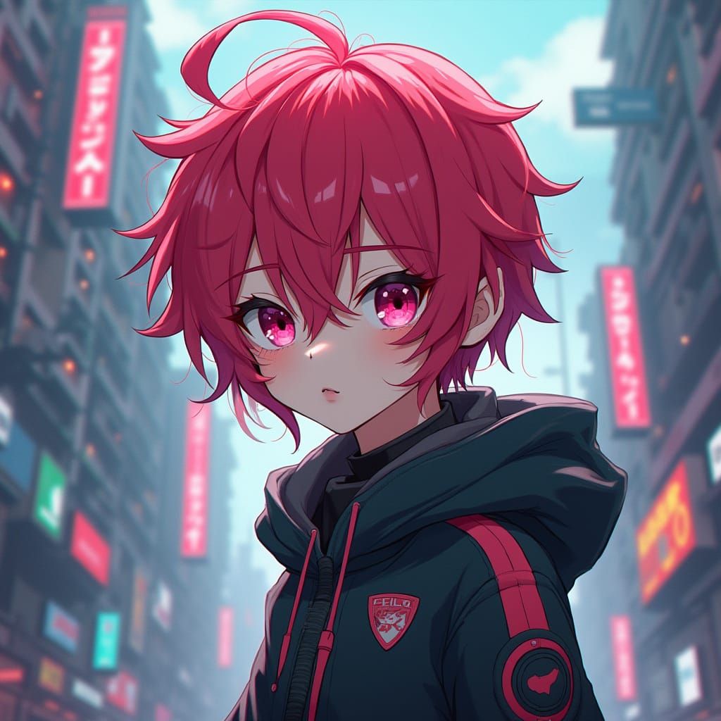 Anime-Style Alien Boy in Dystopian Cityscape