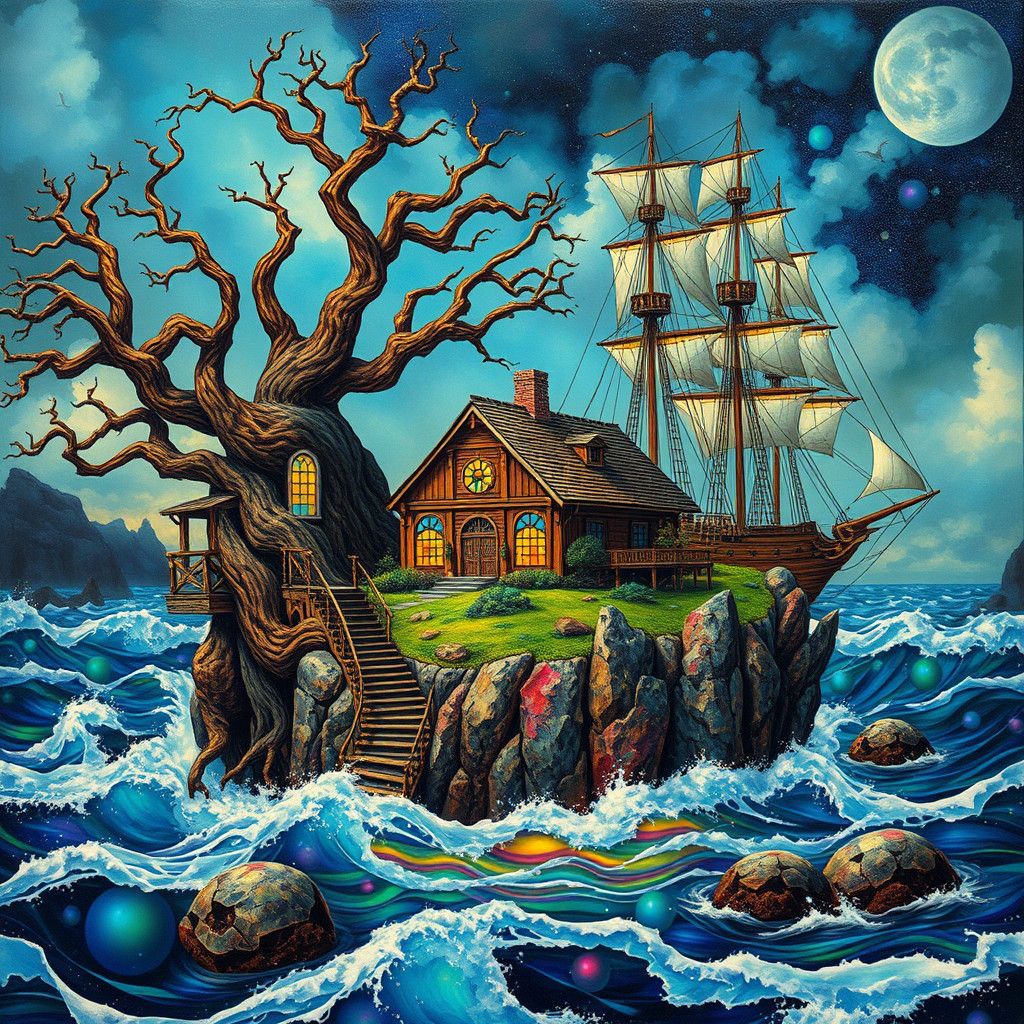 Luminous Island Treehouse Amidst Stormy Seas