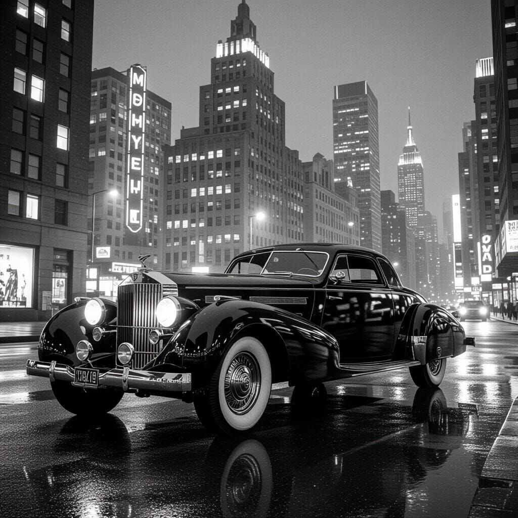 Brutalist Art Deco Car in Metropolis-Inspired Cityscape