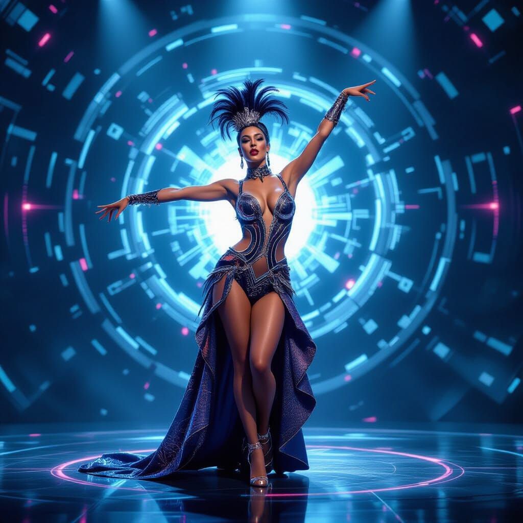 Cyberpunk Showgirl Performing in Technological Singularity