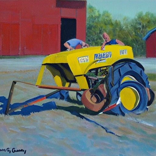 Wrestling Ring Flipped by Tractor: Oil Painting