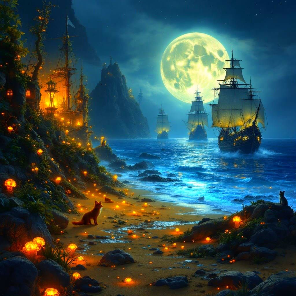 Moonlit Fox Kingdom on Ancient Wooden Ships