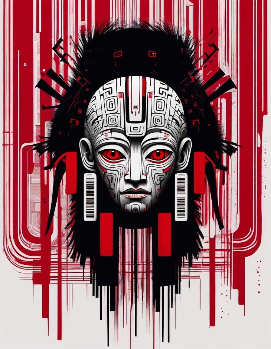 Abstract Folk Art Horror Figure in Red, Black, and White