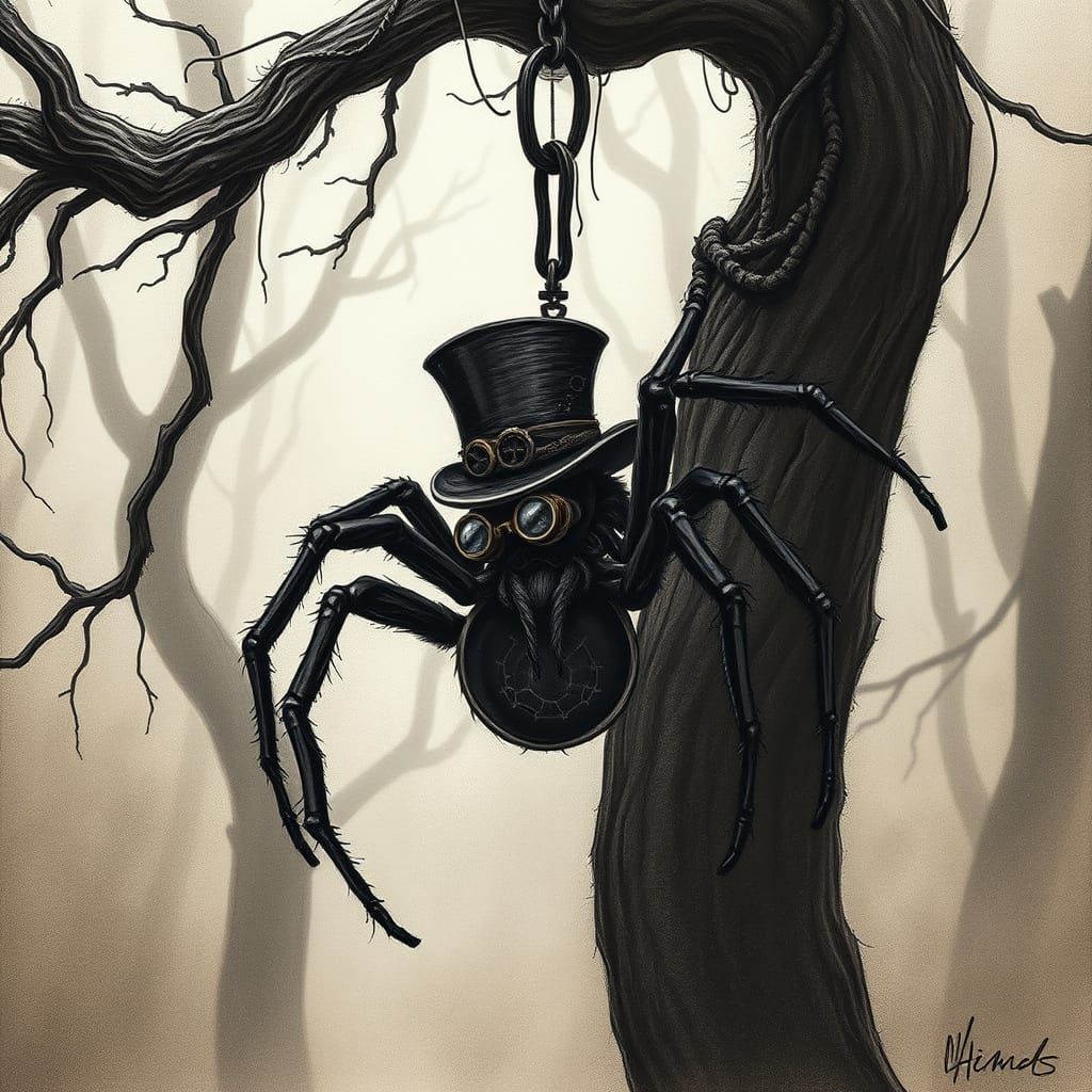 Steampunk Spider in Mysterious Forest Landscape