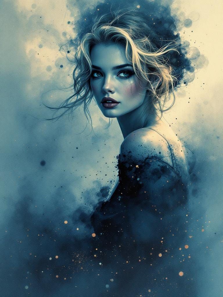 1950s Pin-Up in Surreal Watercolor Whiskey-Splatter Style