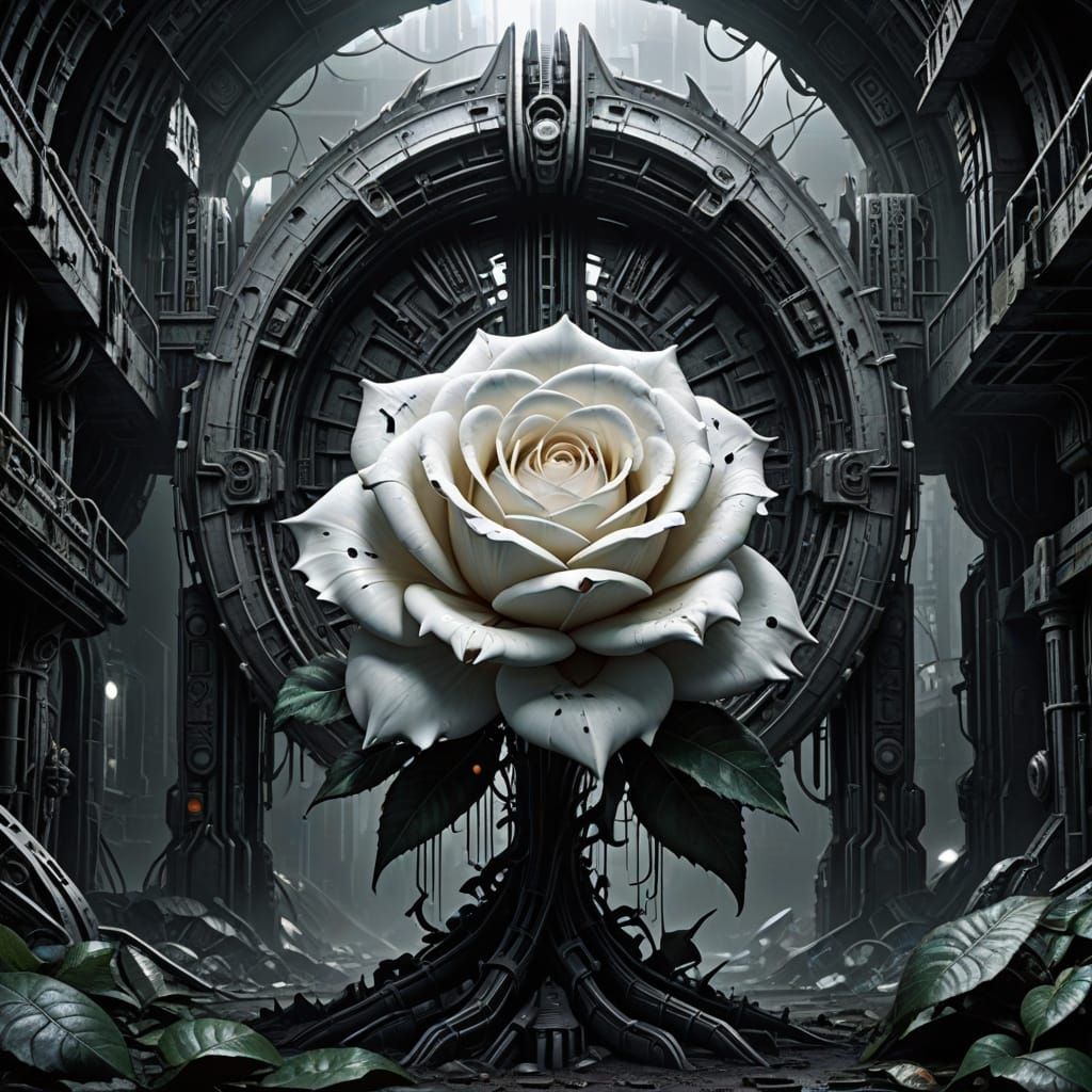 Giant White Rose in Futuristic Ruins