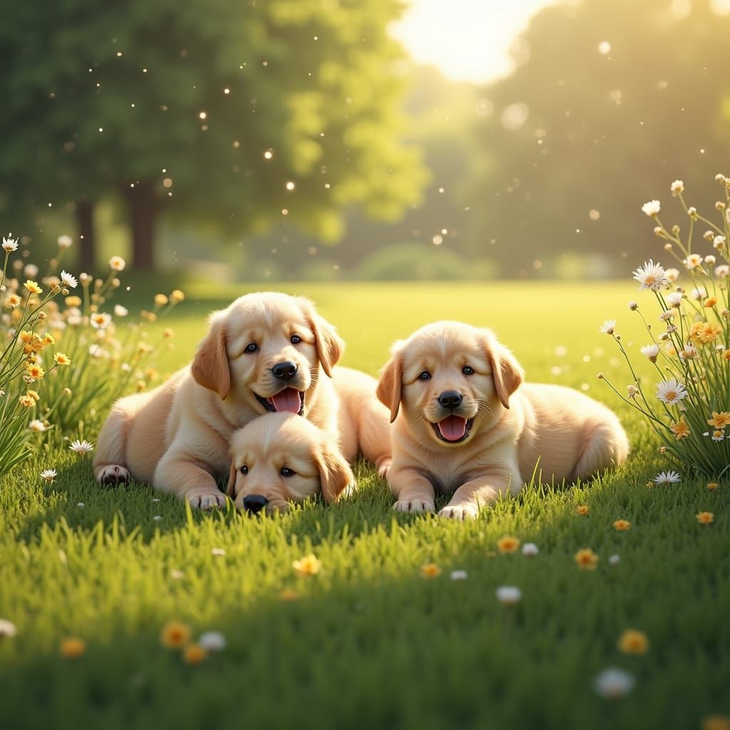 Golden Retriever Puppies Play on Grassy Lawn