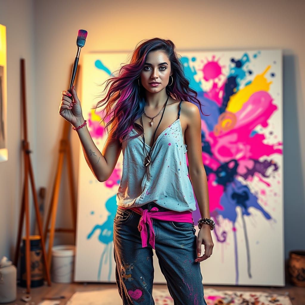 Confident Artist in Dreamy Studio with Abstract Canvas